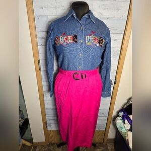 Vtg 80s Russ Hot Pink Midi Skirt with Belt